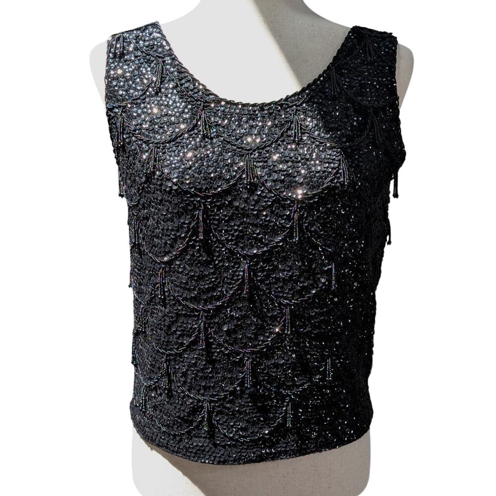 Vintage 1960s Black Heavy Beaded Sequin Tank Top Fringe Blouse 100% Wool Small